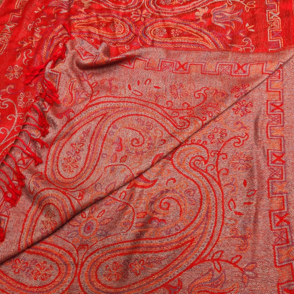 PASHMINA Cashmere Scarf Red Paisley Floral Wrap Shawl Fringe Soft 27 x 72 - Picture 8 of 8